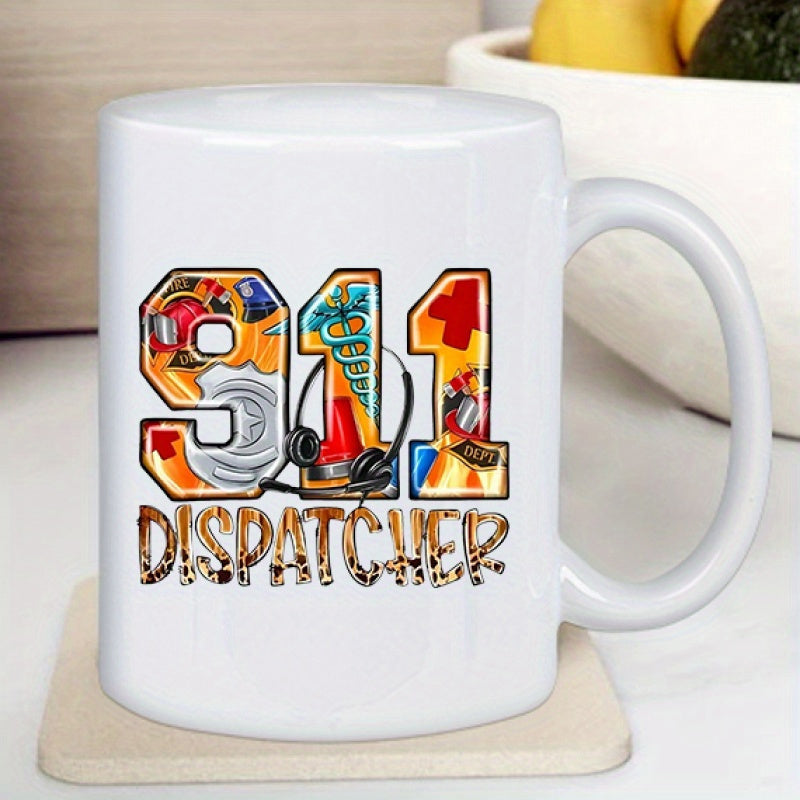 Tailorly White Ceramic 11 oz Mug - 911 Dispatcher Emergency Services Symbols Inside Bold Numbers Featuring Professional Headset Numbers