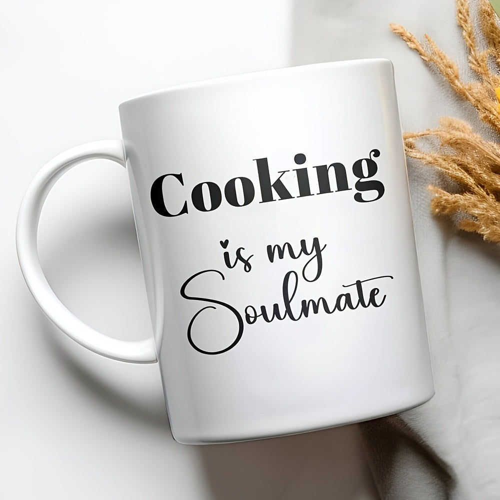 Tailorly White Ceramic 11 oz Mug - Cooking Is My Soulmate Elegant Black Typography With A Delicate Script Heart Design Quote