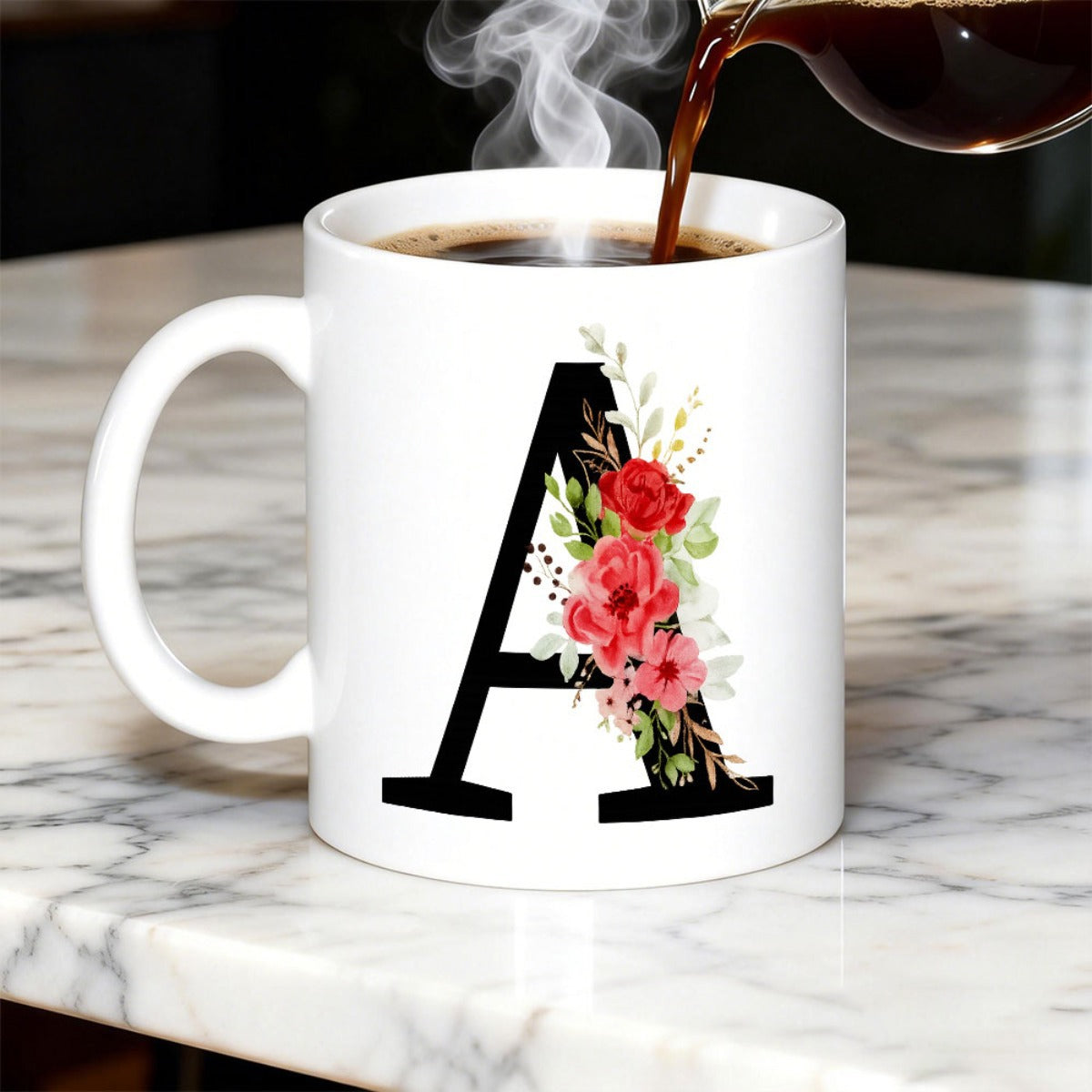 Tailorly White Ceramic 11 oz Mug - A Elegant Black Initial Surrounded By Vibrant Pink And Red Watercolor Blooming Roses Letter