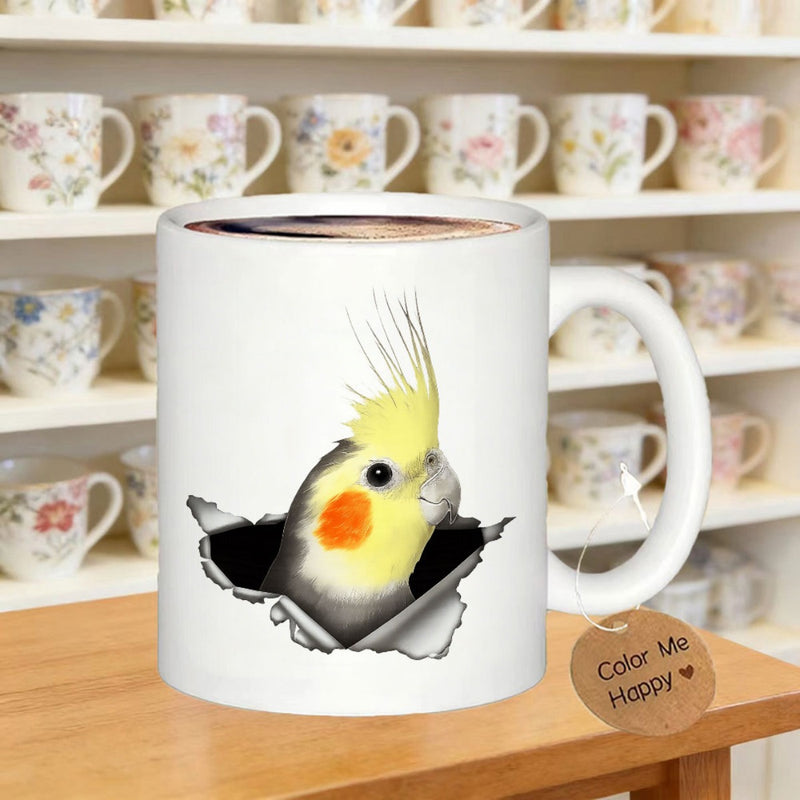 Tailorly White Ceramic 11 oz Mug - Charming Yellow Crested Bird Peeking Out From A Ripped Paper Effect Cockatiel