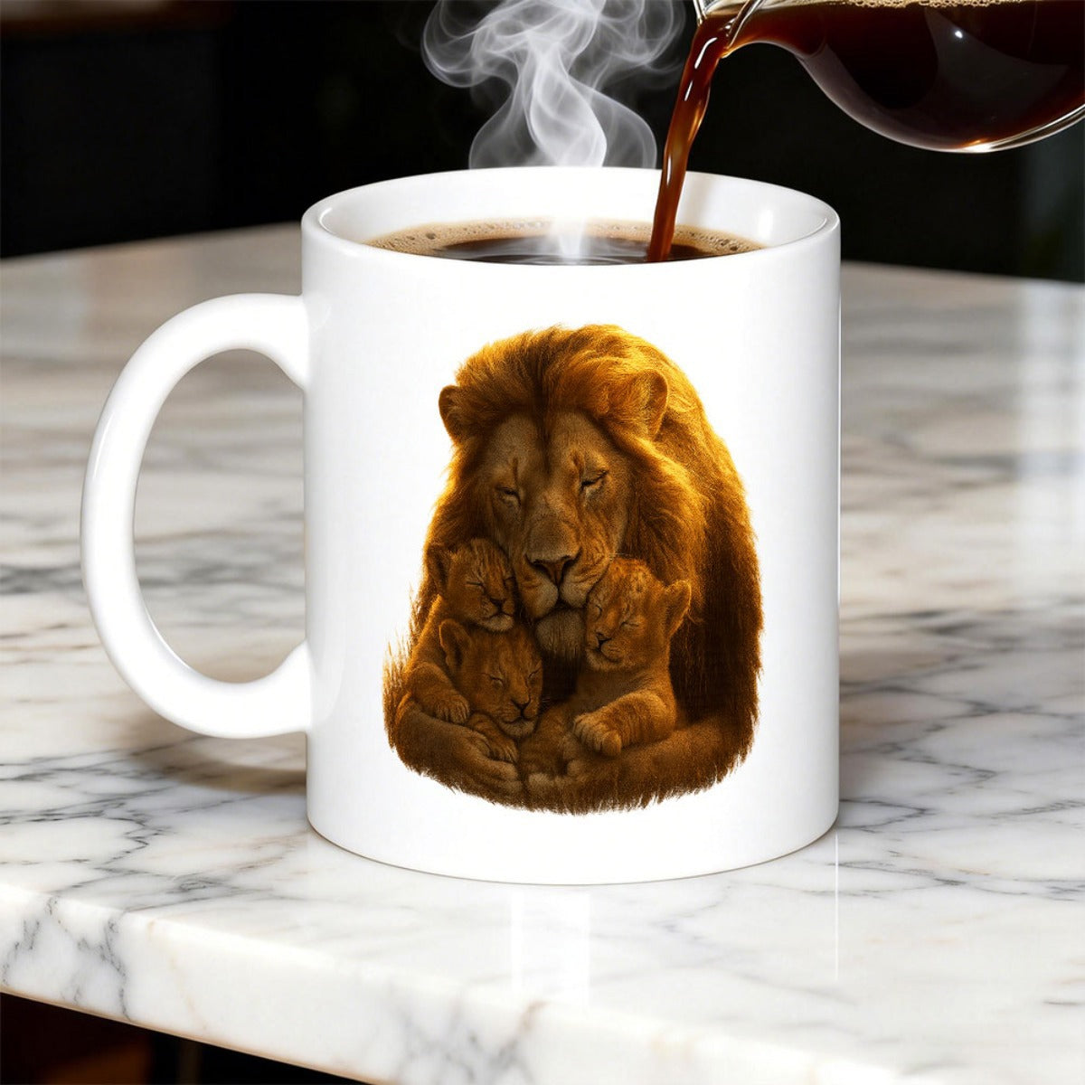 Tailorly White Ceramic 11 oz Mug - Majestic Golden Mane Father Protecting Two Small Cubs With Pure Love Lion