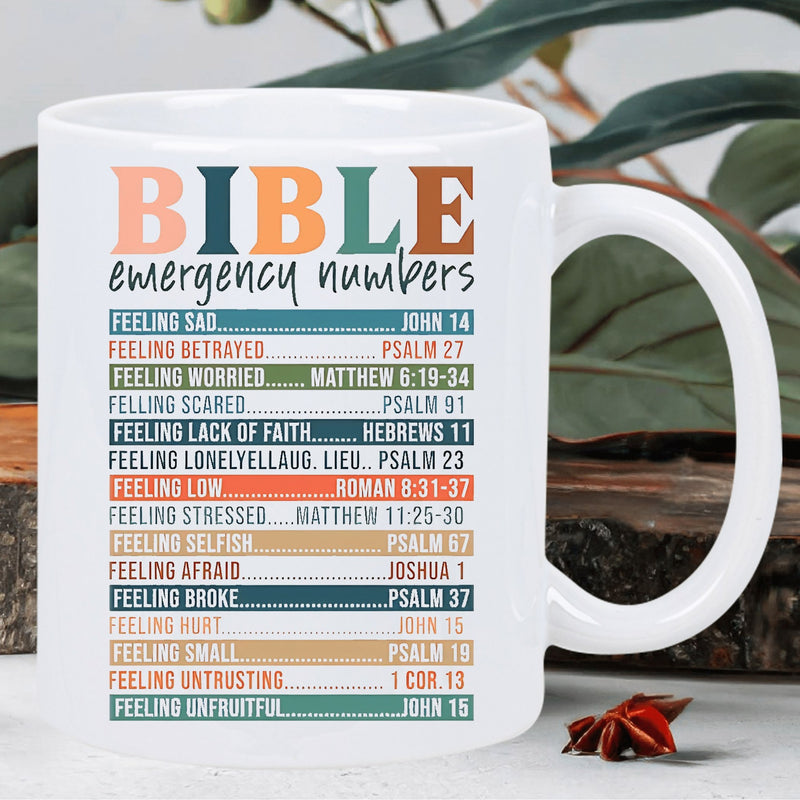 Tailorly White Ceramic 11 oz Mug - Bible Emergency Numbers Colorful Horizontal Stripes Displaying Inspirational Verses And Spiritual Guidance Sign