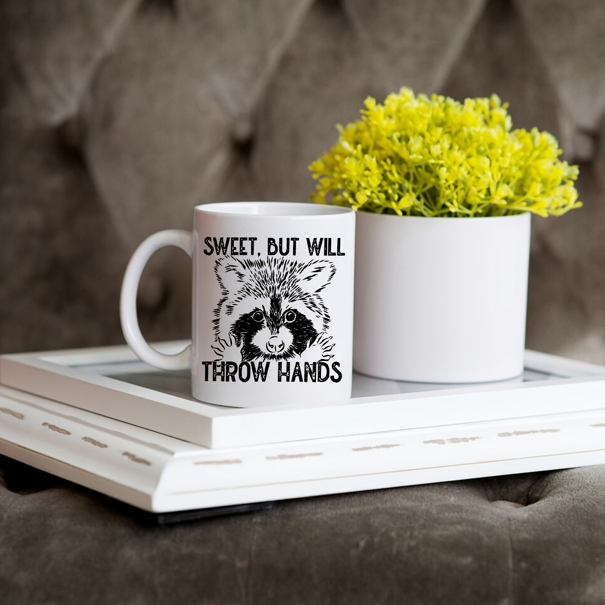 Tailorly White Ceramic 11 oz Mug - Sweet But Will Throw Hands Detailed Sketch Of A Curious Raccoon Face With Sharp Black Markings Raccoon