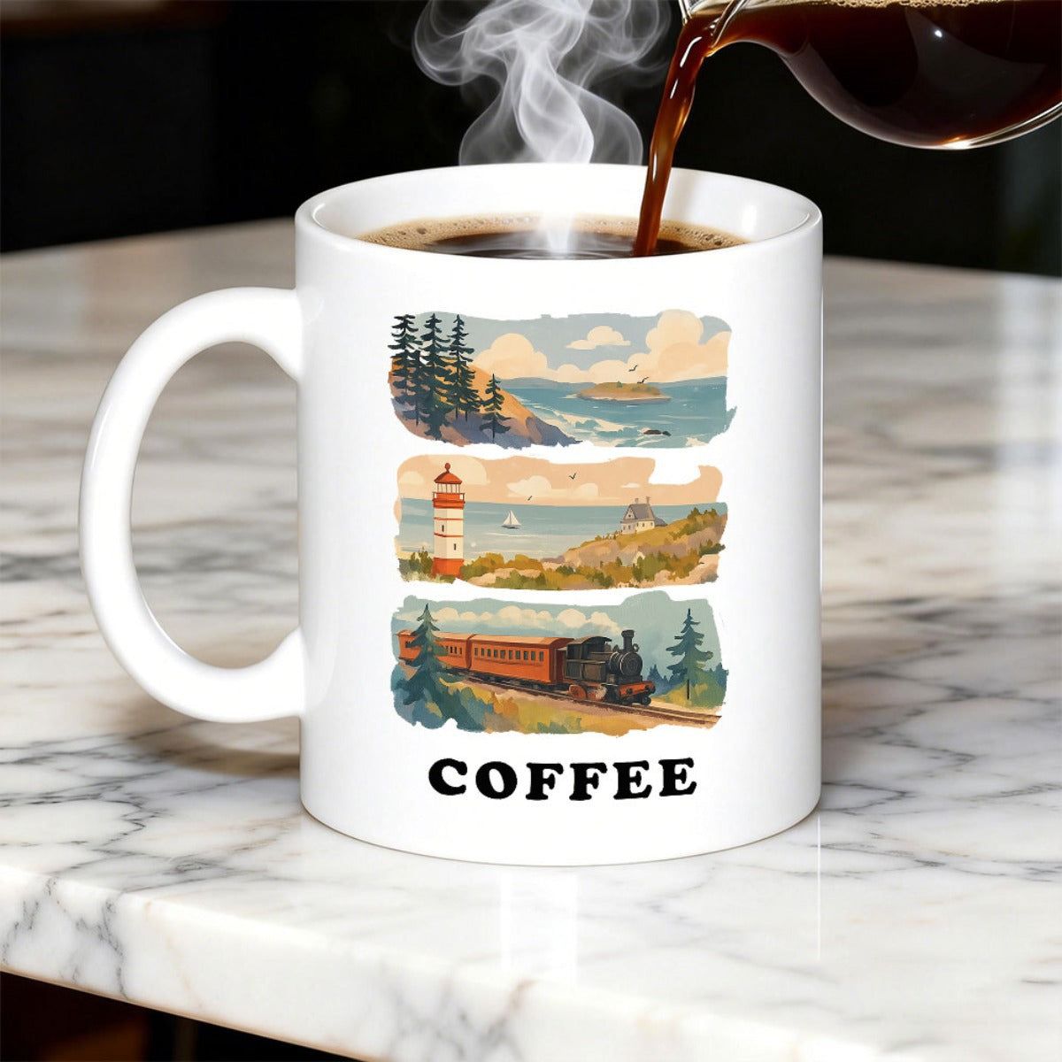 Tailorly White Ceramic 11 oz Mug - Coffee Vintage Travel Scenes Featuring A Coastal Lighthouse And Moving Steam Train Landscape
