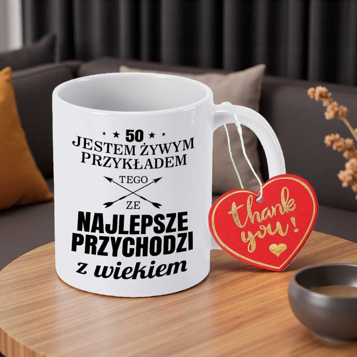 Tailorly White Ceramic 11 oz Mug - 50 Thank You Minimalist Crossed Arrows Surrounded By Delicate Stars Hanging Heart Mug