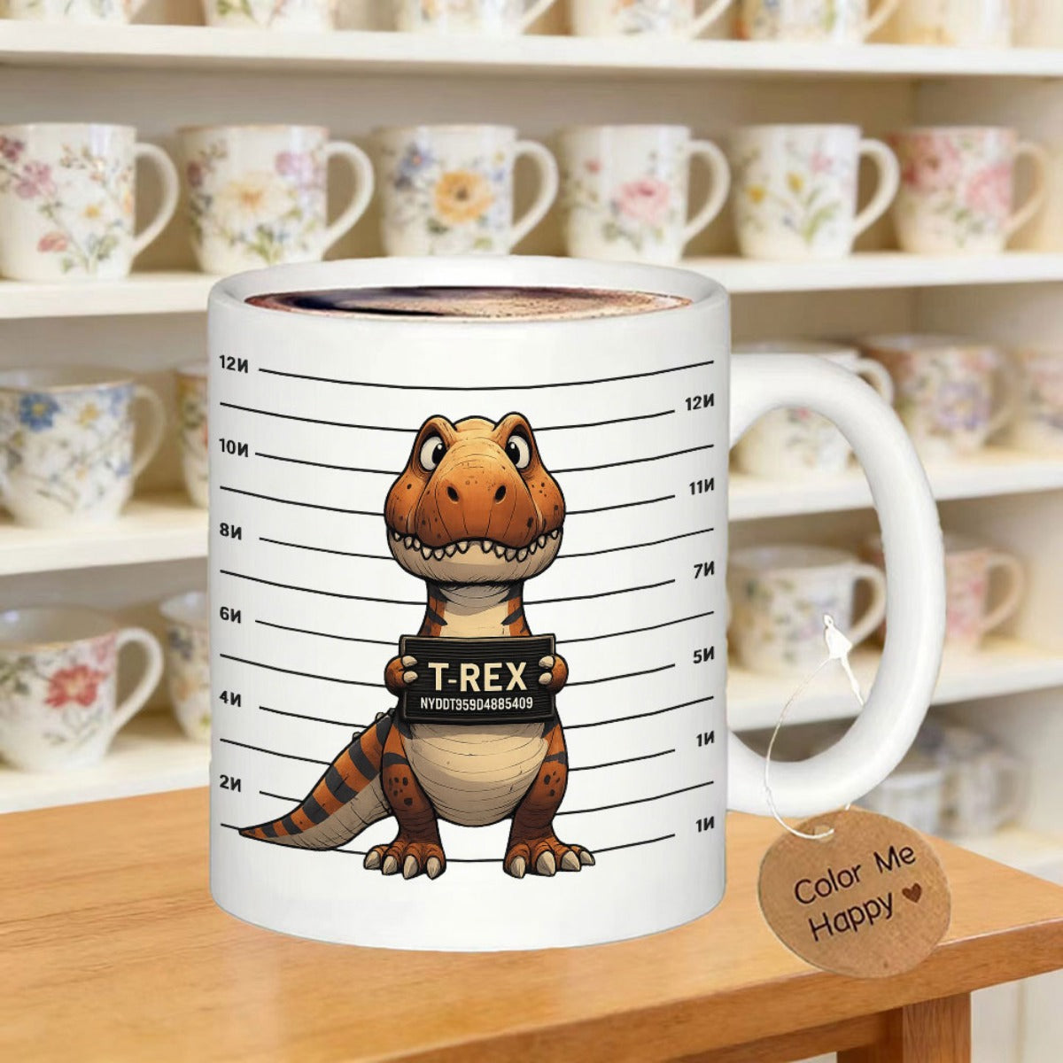 Tailorly White Ceramic 11 oz Mug - T Rex Cartoon Dinosaur Holding Mugshot Board Standing Before Height Chart Background Dinosaur