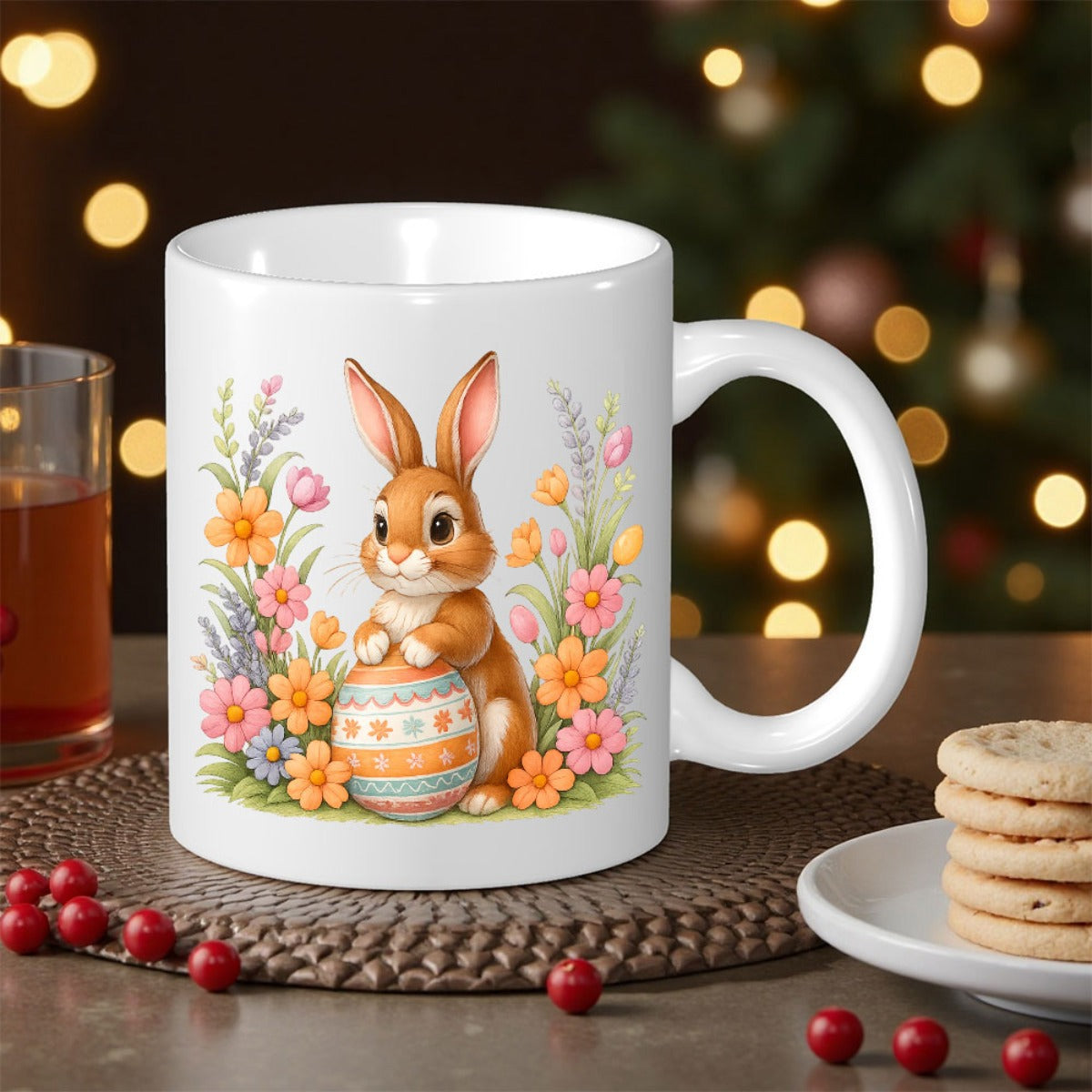 Tailorly White Ceramic 11 oz Mug - Cute Easter Egg In Spring Garden Surrounded By Flowers Rabbit