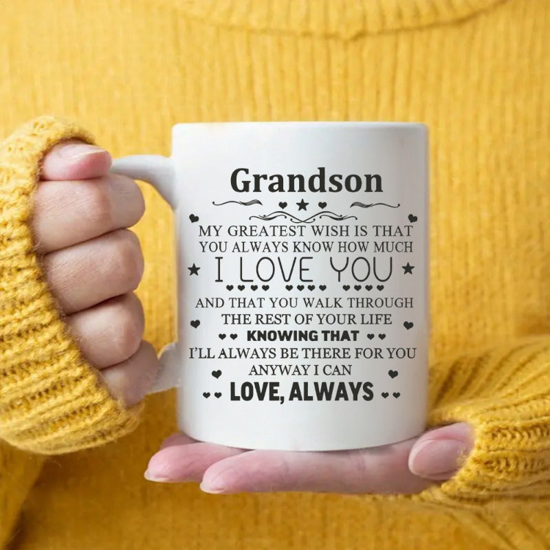Tailorly White Ceramic 11 oz Mug - Grandson My Greatest Wish I Love You Always Minimalist Featuring Delicate Heart And Star Decorative Elements Mug