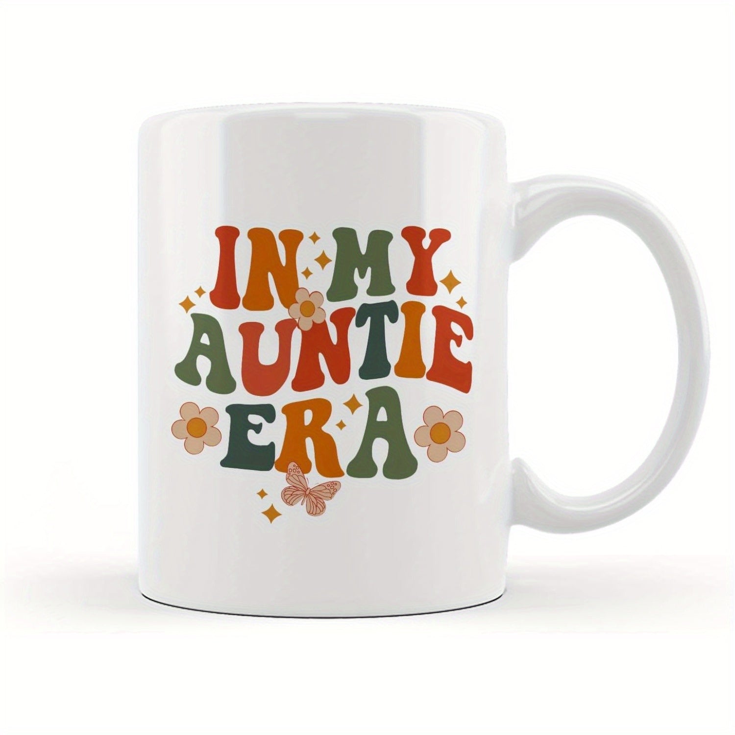 Tailorly White Ceramic 11 oz Mug - In My Auntie Era Colorful Retro Stylized Typography Among Delicate Floral Accents And Shining Stars Mug