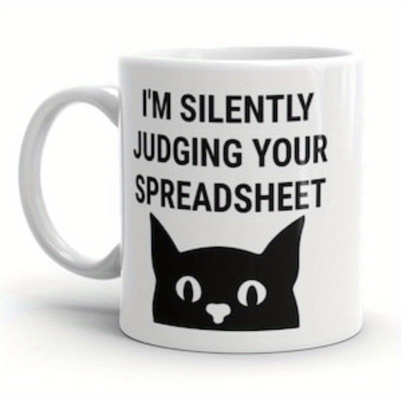 Tailorly White Ceramic 11 oz Mug - I Am Silently Judging Your Spreadsheet Peeking Black Silhouette Looking Upward With Cute Eyes Curious Cat