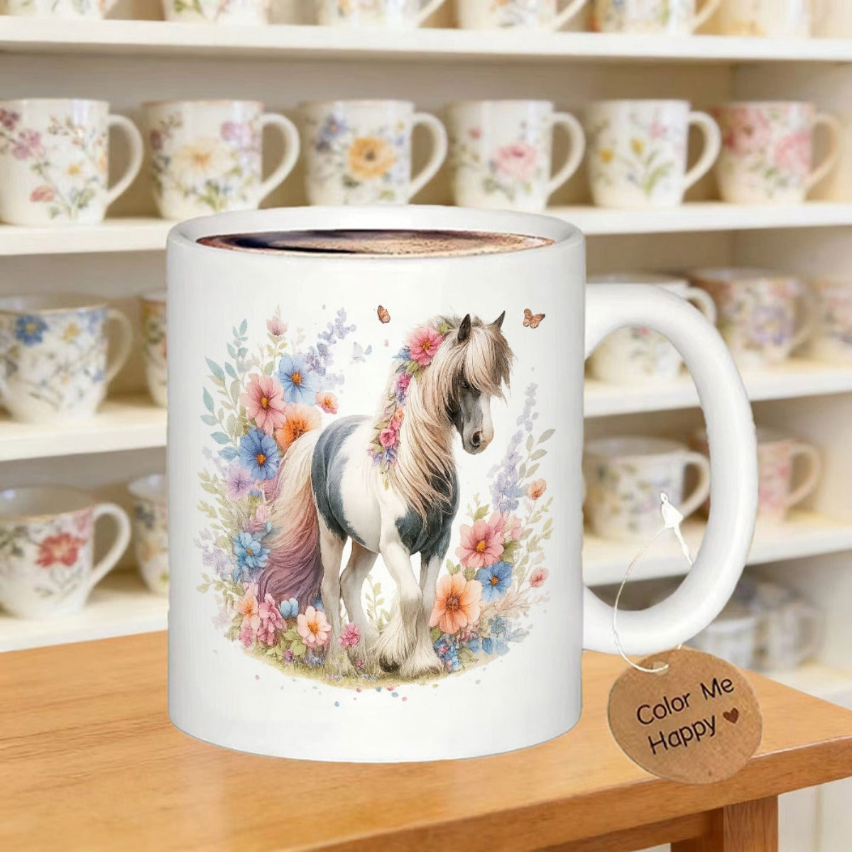 Tailorly White Ceramic 11 oz Mug - Graceful White Pony Surrounded By Lush Colorful Wildflowers And Plants Horse