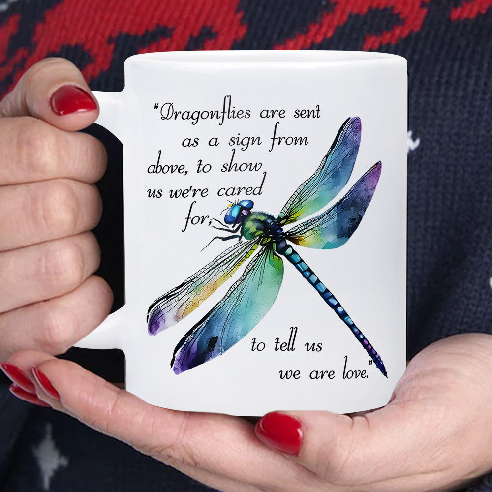 Tailorly White Ceramic 11 oz Mug - Dragonflies Are Sent As A Sign From Above To Show Us Were Cared For To Tell Us We Are Love Artistic Watercolor Insect Spreading