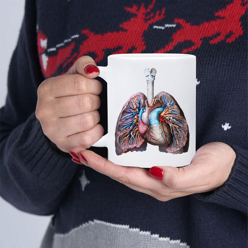 Tailorly White Ceramic 11 oz Mug - Detailed Anatomical Illustration Of Human Heart And Lungs With Colorful Vessels Organ