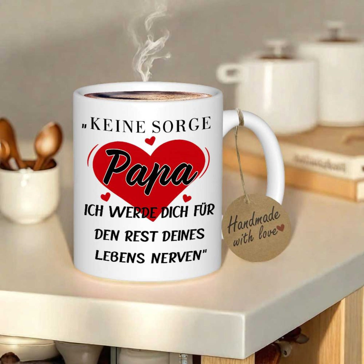 Tailorly White Ceramic 11 oz Mug - Handmade With Love Vibrant Red Centerpiece Design Surrounded By Delicate Small Floating Accents Heart