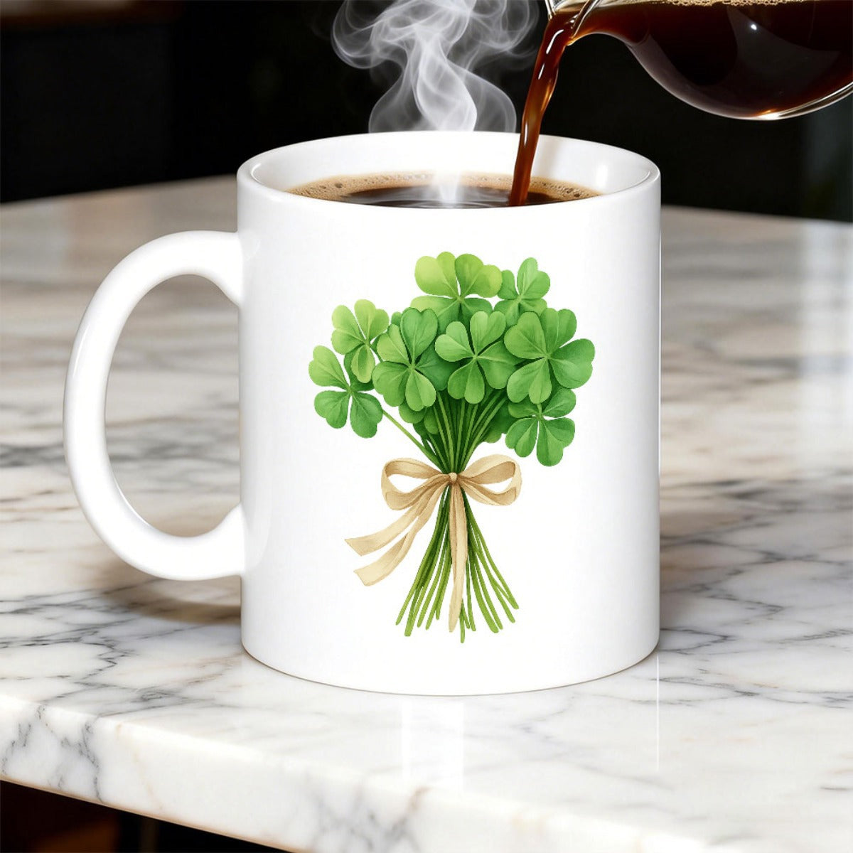 Tailorly White Ceramic 11 oz Mug - Lush Green Shamrock Bouquet Tied With A Delicate Golden Ribbon Clover