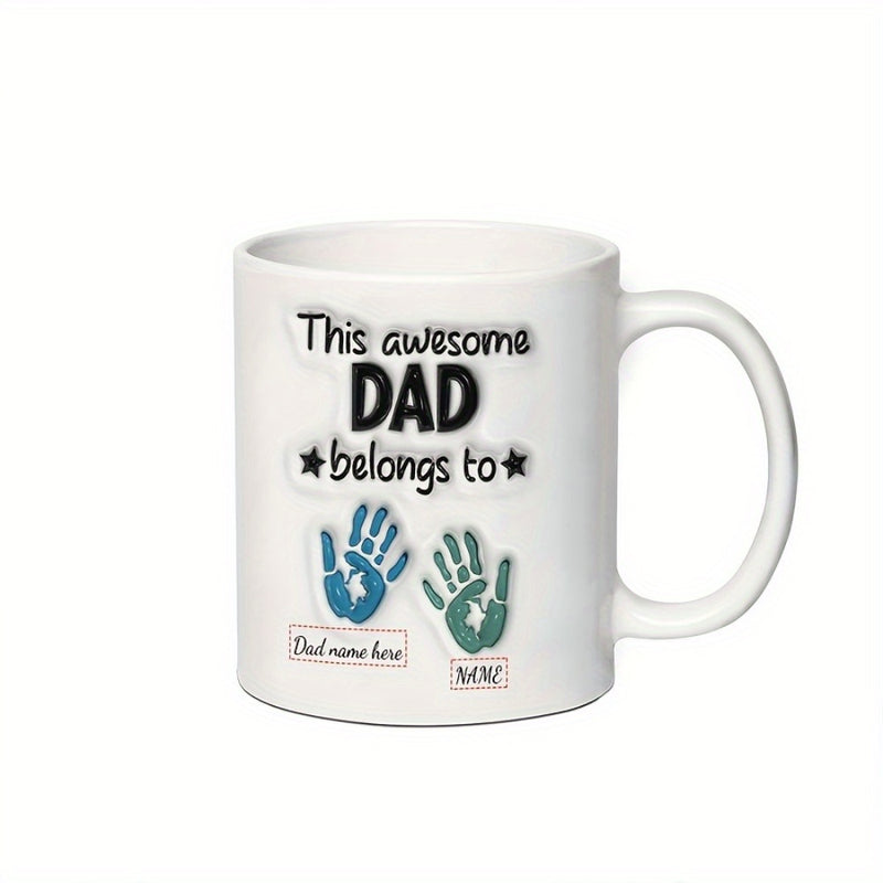 Tailorly White Ceramic 11 oz Mug - This Awesome Dad Belongs To Two Colorful Child Handprints Sitting Beneath Heartwarming Family Themed Mug