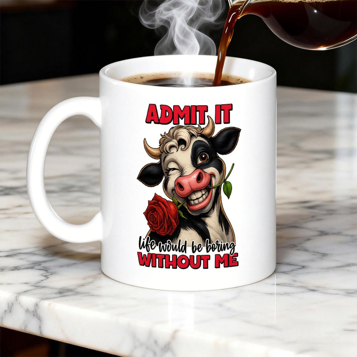 Tailorly White Ceramic 11 oz Mug - Admit It Life Would Be Boring Without Me Cheerful Winking Cartoon Animal Holding A Vibrant Red Blooming Rose Cow