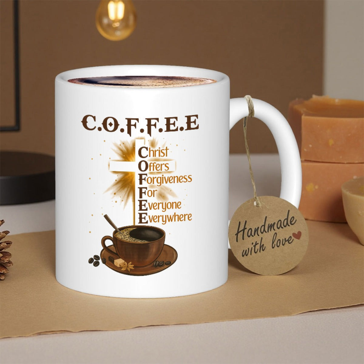 Tailorly White Ceramic 11 oz Mug - Coffee Christ Offers Forgiveness For Everyone Everywhere Radiant Glowing Holy Cross Above Steaming Cup Of Dark Morning Brew
