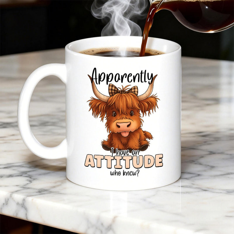 Tailorly White Ceramic 11 oz Mug - Apparently I Have An Attitude Who Knew Adorable Furry Scottish Animal Wearing Plaid Bow And Playful Tongue Cow