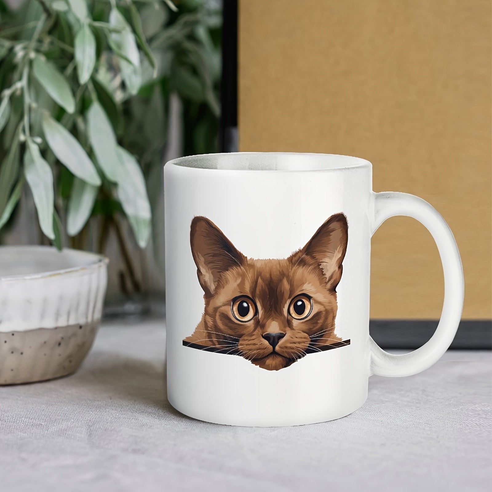 Tailorly White Ceramic 11 oz Mug - Brown Peeking Pet Face With Large Ears And Curious Eyes Focused Cat