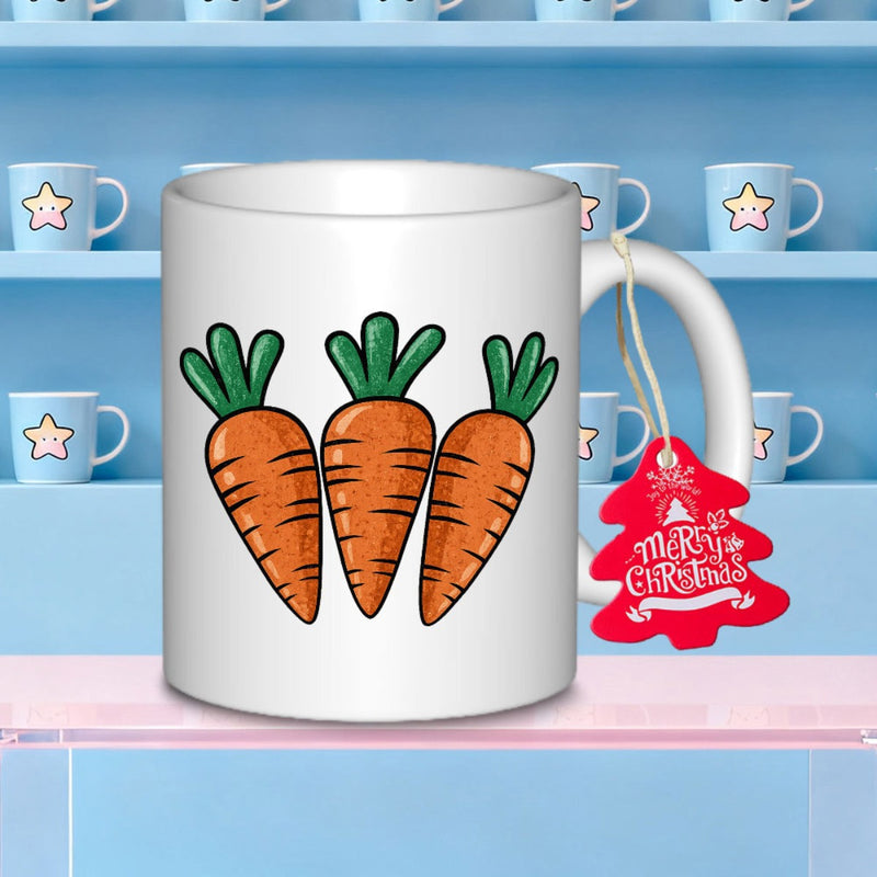 Tailorly White Ceramic 11 oz Mug - Three Vibrant Orange Garden Carrots With Fresh Green Leafy Tops Carrot