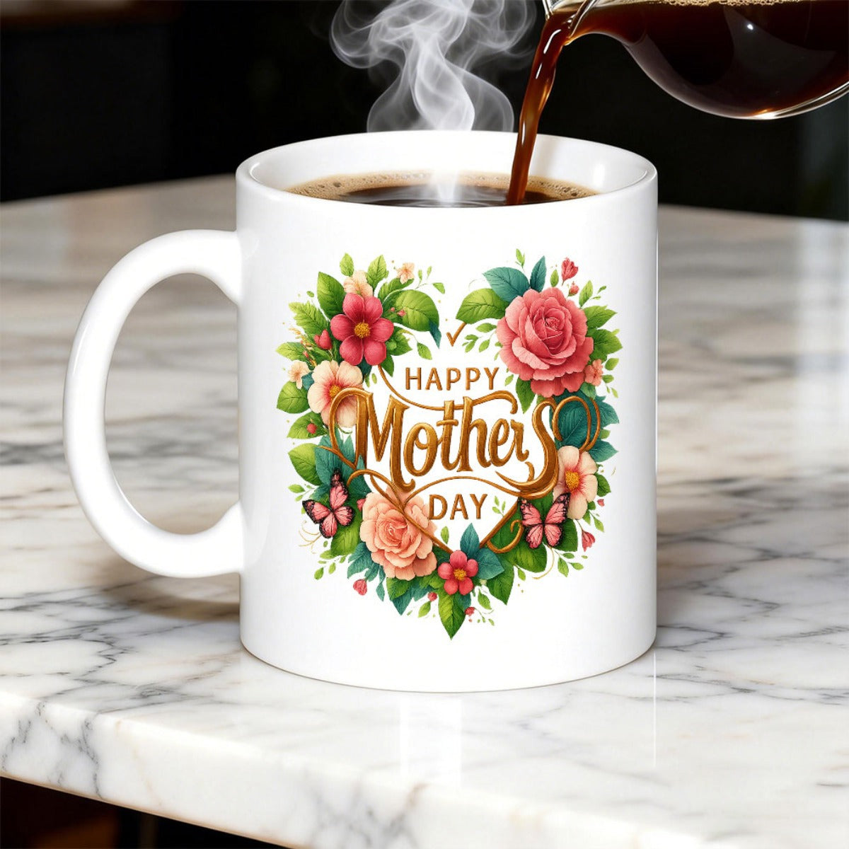 Tailorly White Ceramic 11 oz Mug - Happy Mothers Day Vibrant Heart Shaped Garden With Blossoms And Delicate Butterflies Wreath