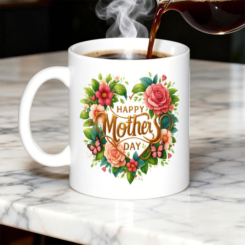 Tailorly White Ceramic 11 oz Mug - Happy Mothers Day Vibrant Heart Shaped Garden With Blossoms And Delicate Butterflies Wreath