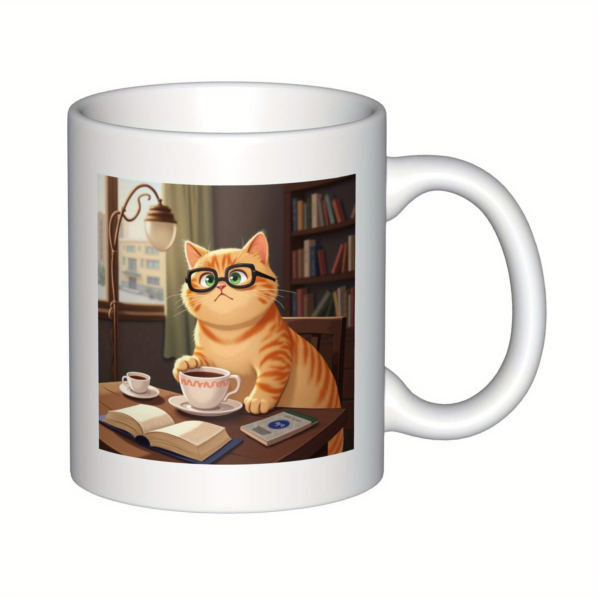 Tailorly White Ceramic 11 oz Mug - Studious Orange Tabby Wearing Glasses Enjoying Coffee Beside An Open Book Cat