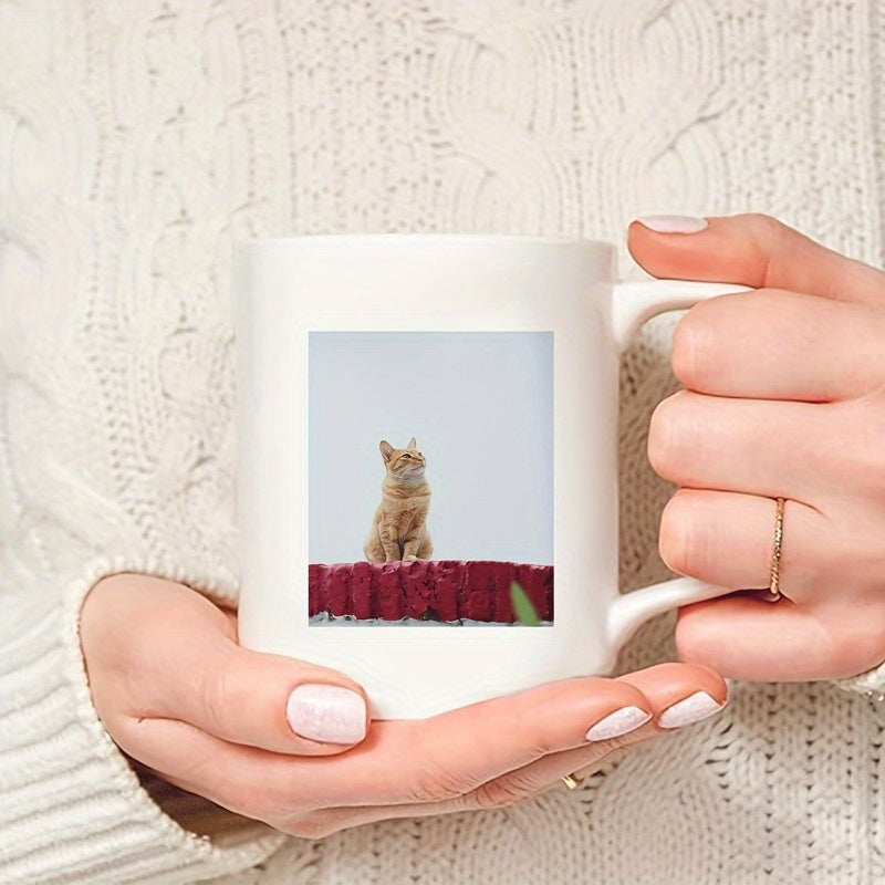 Tailorly White Ceramic 11 oz Mug - Curious Ginger Animal Resting On A Textured Crimson Garden Wall Cat