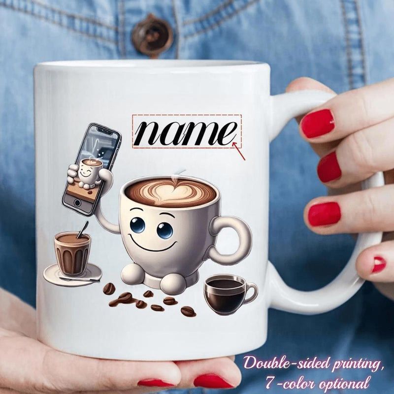 Tailorly White Ceramic 11 oz Mug - Name Smiling Cartoon Coffee Cup Character Holding A Smartphone With Scattered Beans Coffee Cup