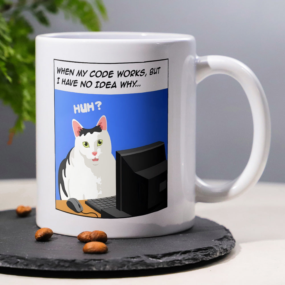 Tailorly White Ceramic 11 oz Mug - When My Code Works But I Have No Idea Why Hum Funny Confused Cartoon Cat Working At A Computer Cat
