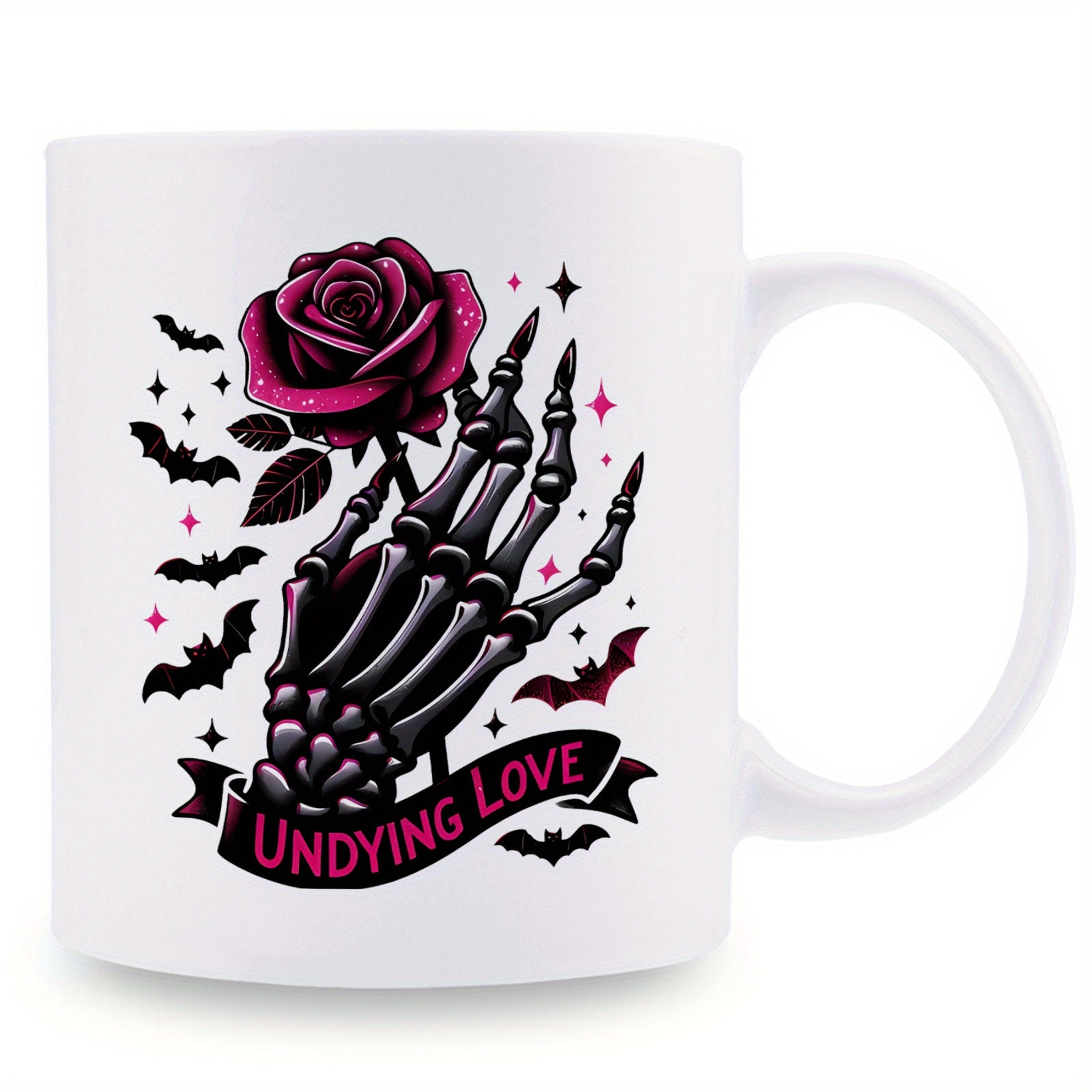 Tailorly White Ceramic 11 oz Mug - Undying Love Dark Gothic Bone Hand Holding A Blooming Red Rose Among Bats Skeleton Hand