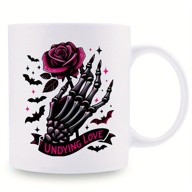 Tailorly White Ceramic 11 oz Mug - Undying Love Dark Gothic Bone Hand Holding A Blooming Red Rose Among Bats Skeleton Hand