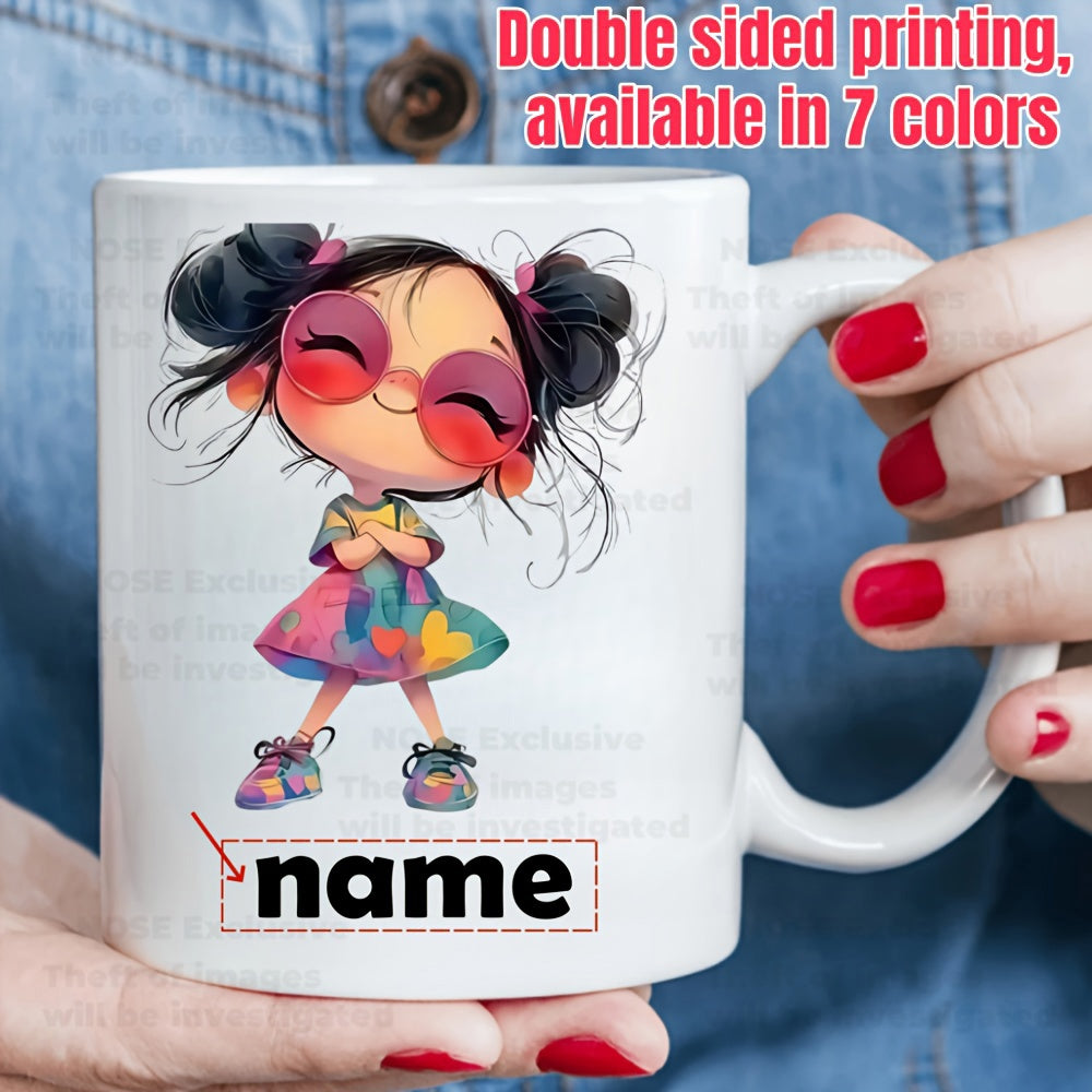 Tailorly White Ceramic 11 oz Mug - Name Adorable Cartoon Girl With Pigtails Wearing Pink Sunglasses And Colorful Dress Girl