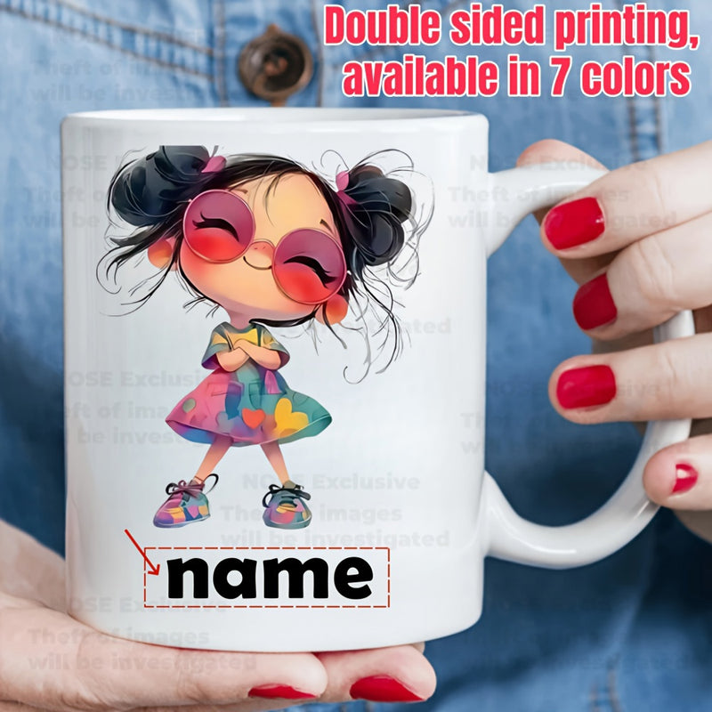 Tailorly White Ceramic 11 oz Mug - Name Adorable Cartoon Girl With Pigtails Wearing Pink Sunglasses And Colorful Dress Girl