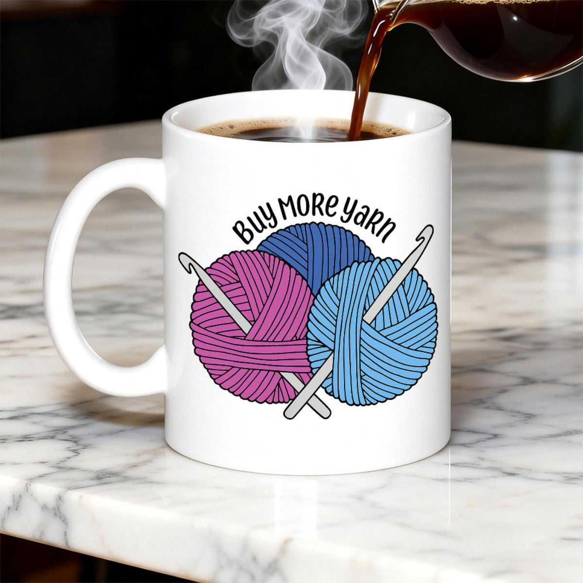 Tailorly White Ceramic 11 oz Mug - Buy More Yarn Three Vibrant Colorful Skeins With Two Silver Crochet Hooks Inserted Inside Yarn