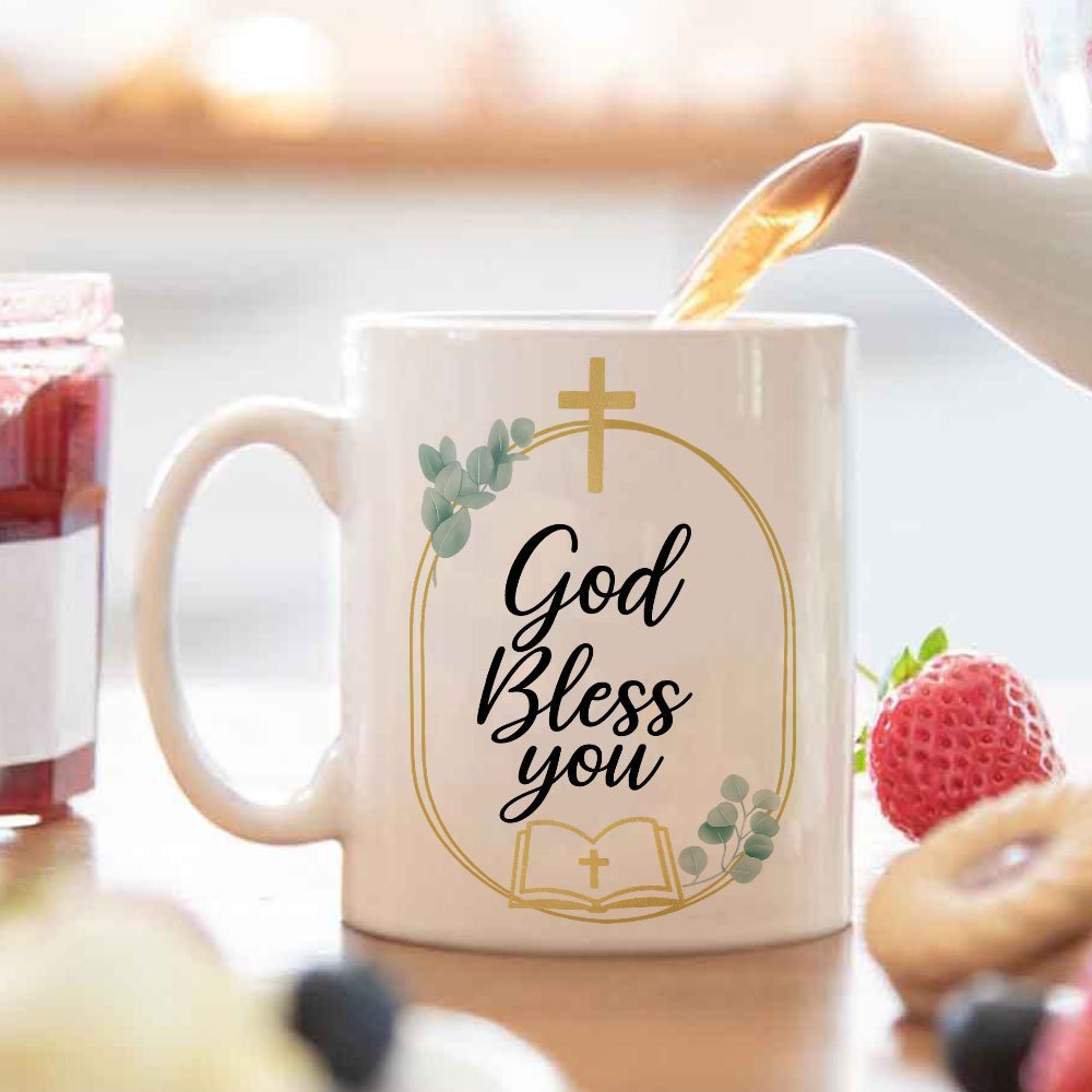 Tailorly White Ceramic 11 oz Mug - God Bless You Elegant Golden Frame Adorned With Eucalyptus Leaves And Sacred Open Bible Cross