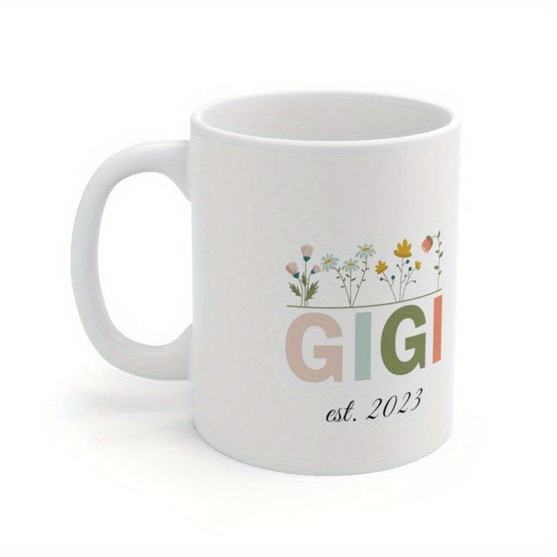 Tailorly White Ceramic 11 oz Mug - Gigi Est 2023 Colorful Wildflowers Blooming Gracefully In A Delicate Minimalist Garden Flower