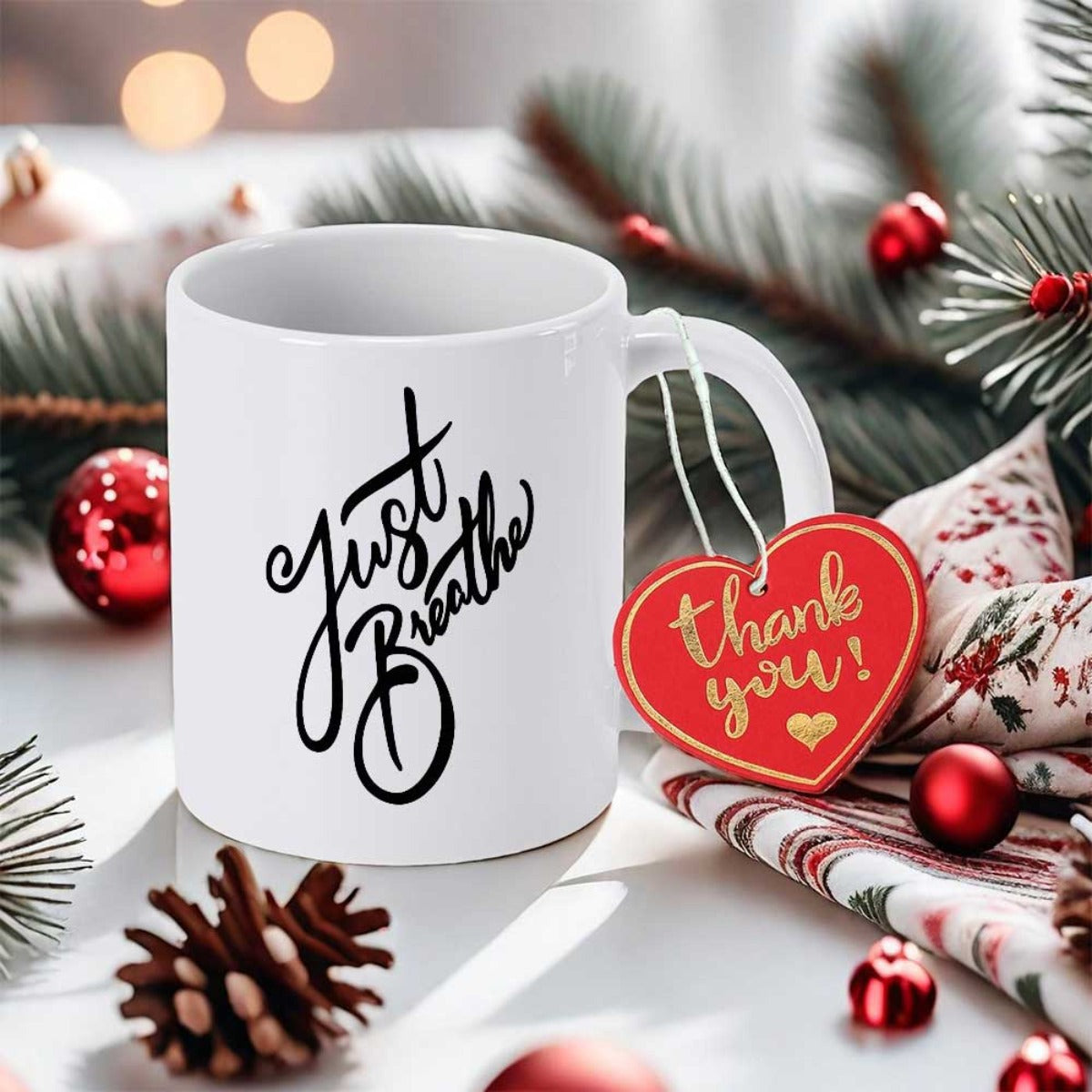 Tailorly White Ceramic 11 oz Mug - Just Breathe Simple White Ceramic Vessel With Elegant Hand Written Script Calligraphy Mug