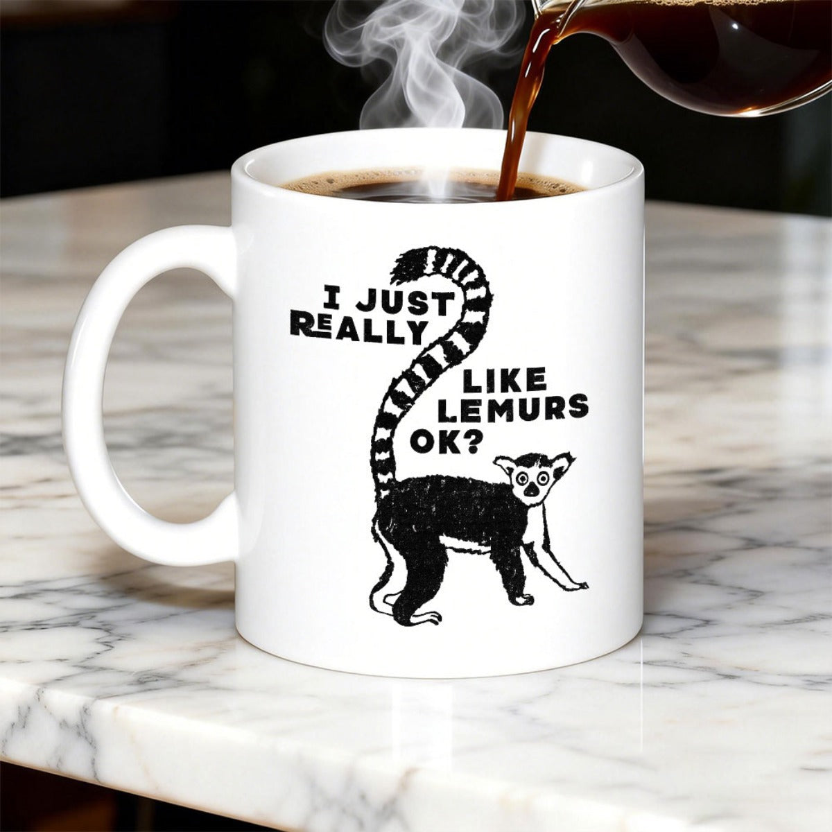Tailorly White Ceramic 11 oz Mug - I Just Really Like Lemurs Ok Hand Drawn Ring Tailed Animal Standing With Long Curved Striped Tail Lemur