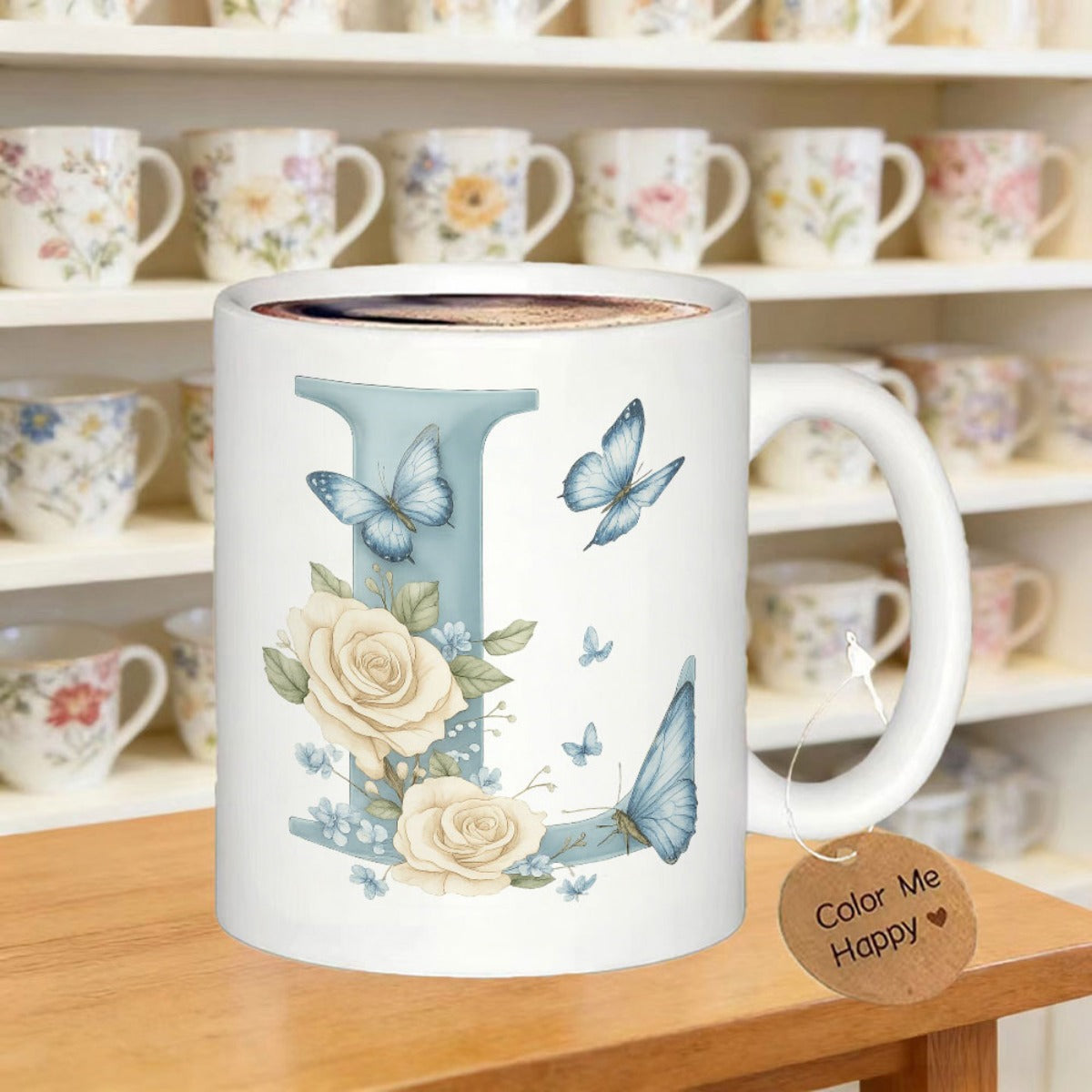 Tailorly White Ceramic 11 oz Mug - L Elegant Watercolor Floral Design With Cream Roses And Graceful Blue Butterfly