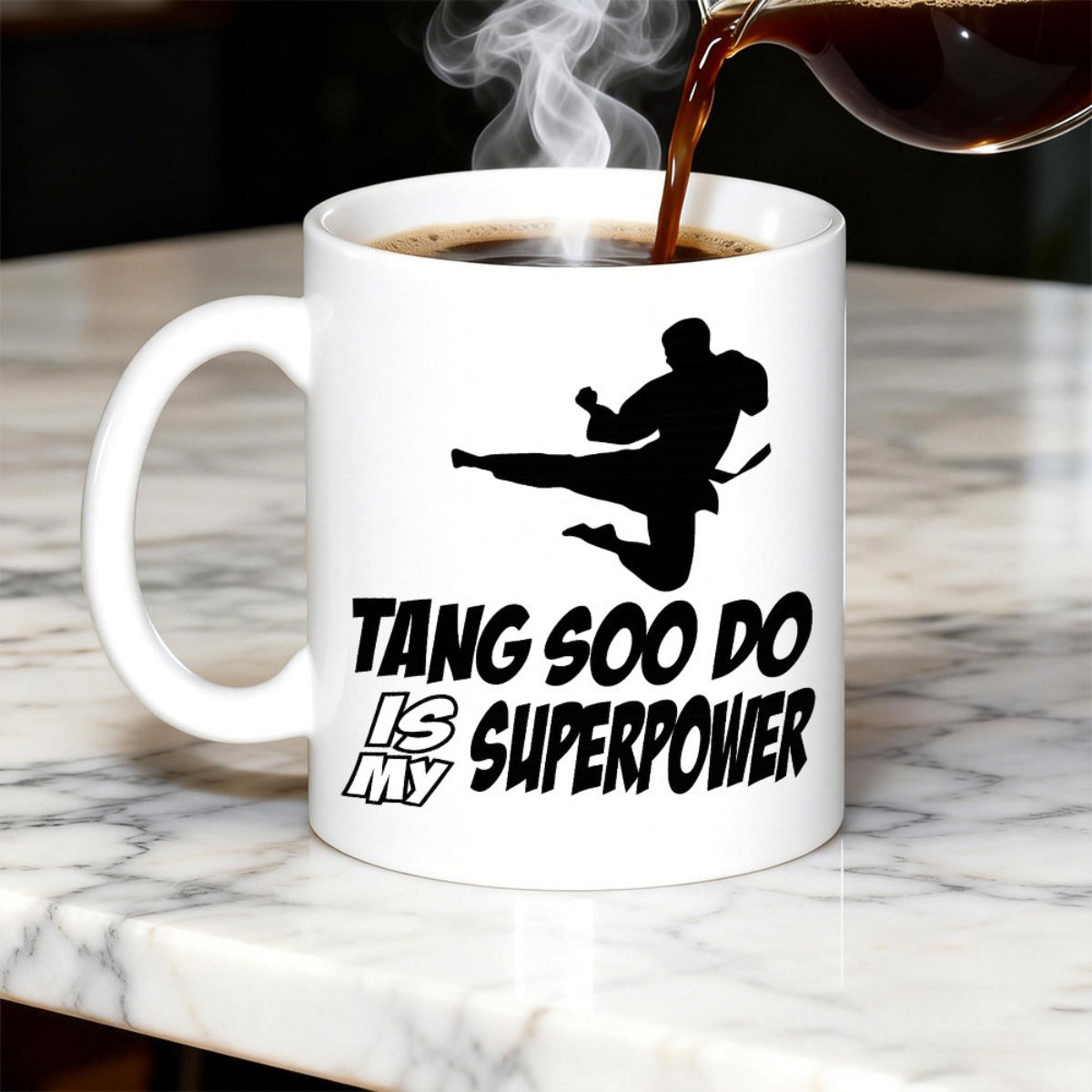 Tailorly White Ceramic 11 oz Mug - Tang Soo Do Is My Superpower Dynamic Black Silhouette Performing High Jumping Kick In Midair Fighter