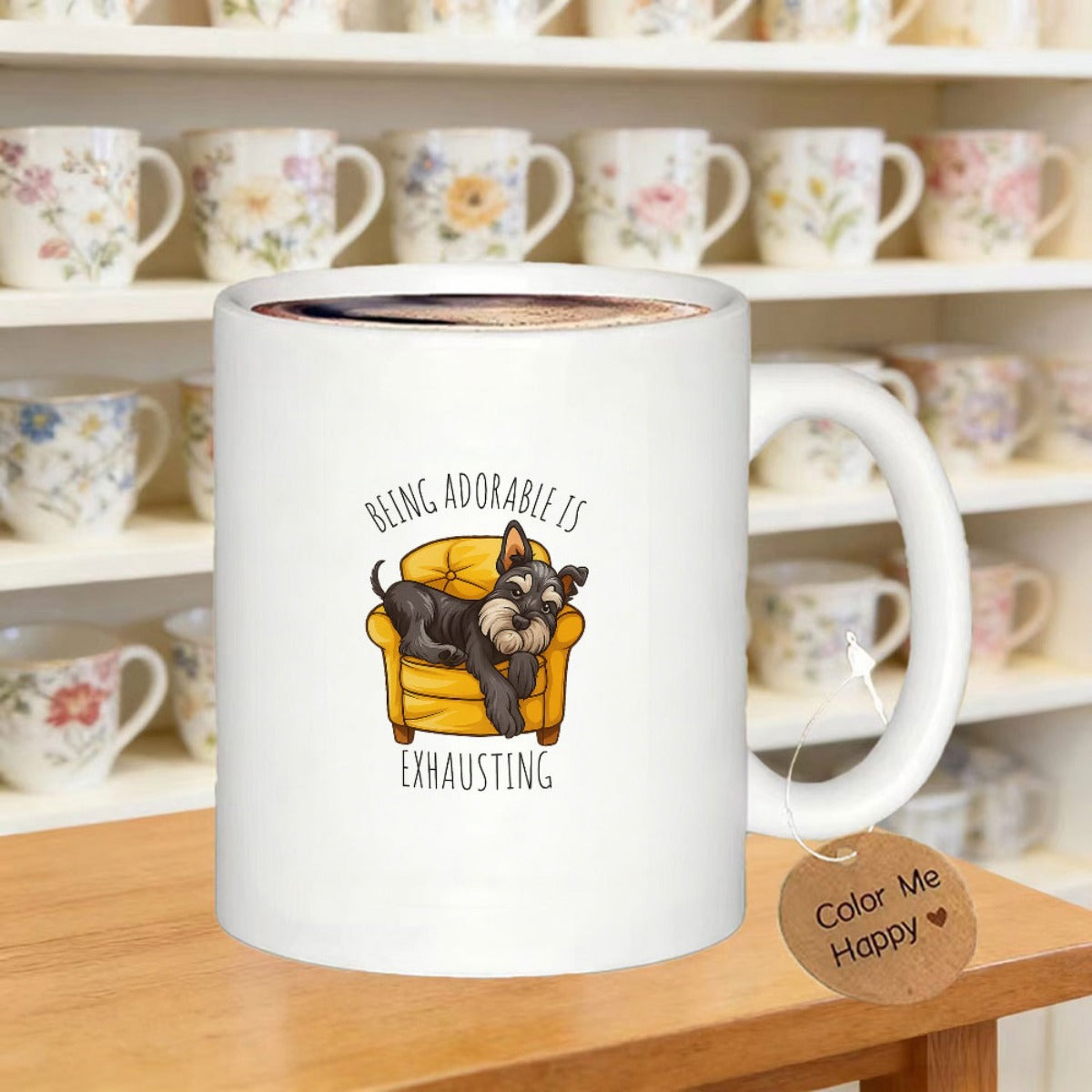 Tailorly White Ceramic 11 oz Mug - Being Adorable Is Exhausting Cute Schnauzer Dog Relaxing On A Cozy Yellow Armchair Schnauzer