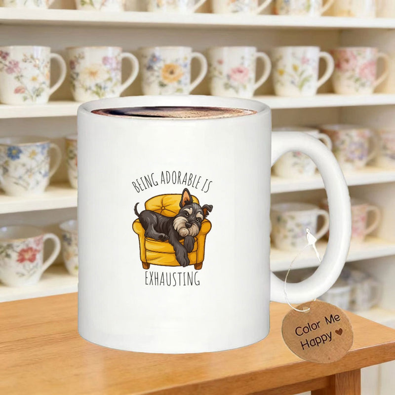 Tailorly White Ceramic 11 oz Mug - Being Adorable Is Exhausting Cute Schnauzer Dog Relaxing On A Cozy Yellow Armchair Schnauzer
