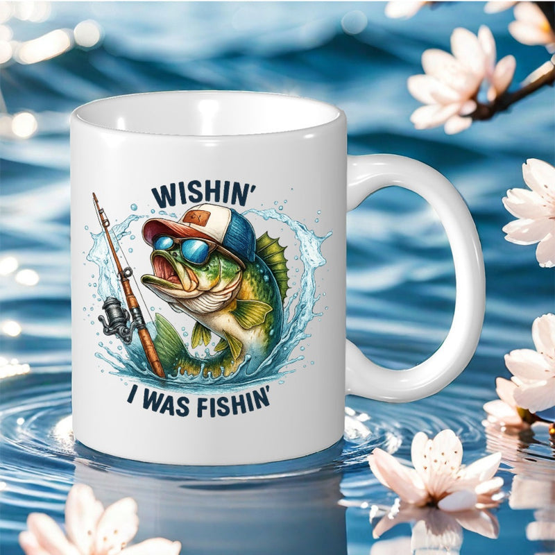 Tailorly White Ceramic 11 oz Mug - Wishin I Was Fishin Cool Cartoon Fish Wearing Sunglasses And Hat Jumping From Water Bass