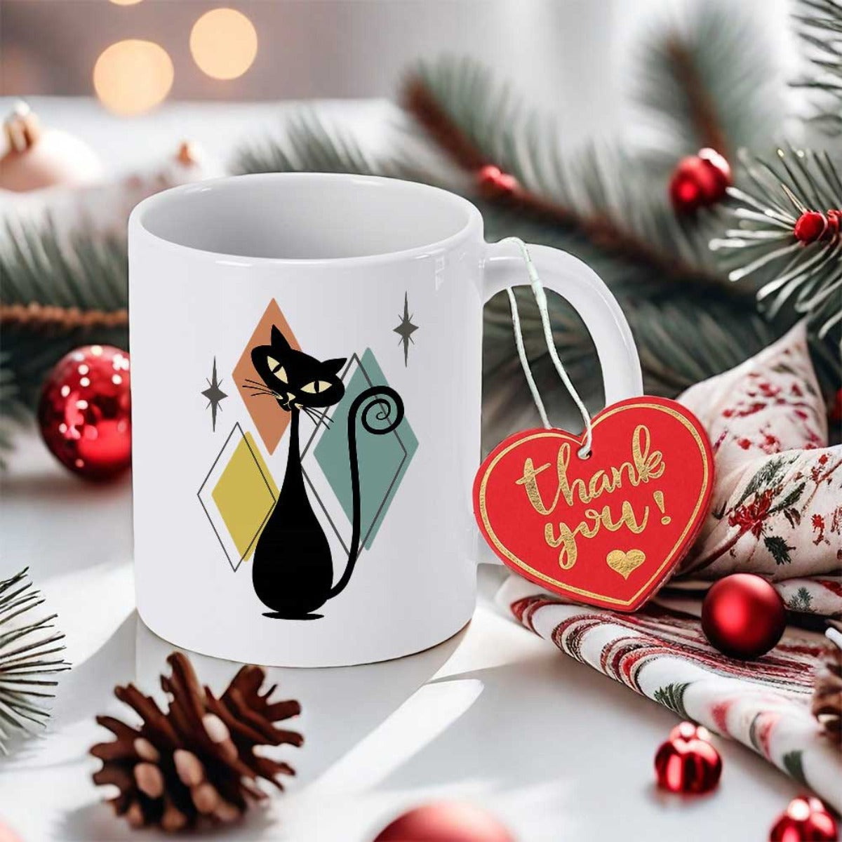 Tailorly White Ceramic 11 oz Mug - Thank You Elegant Stylized Black Silhouette Among Colorful Retro Geometric Diamonds Cat