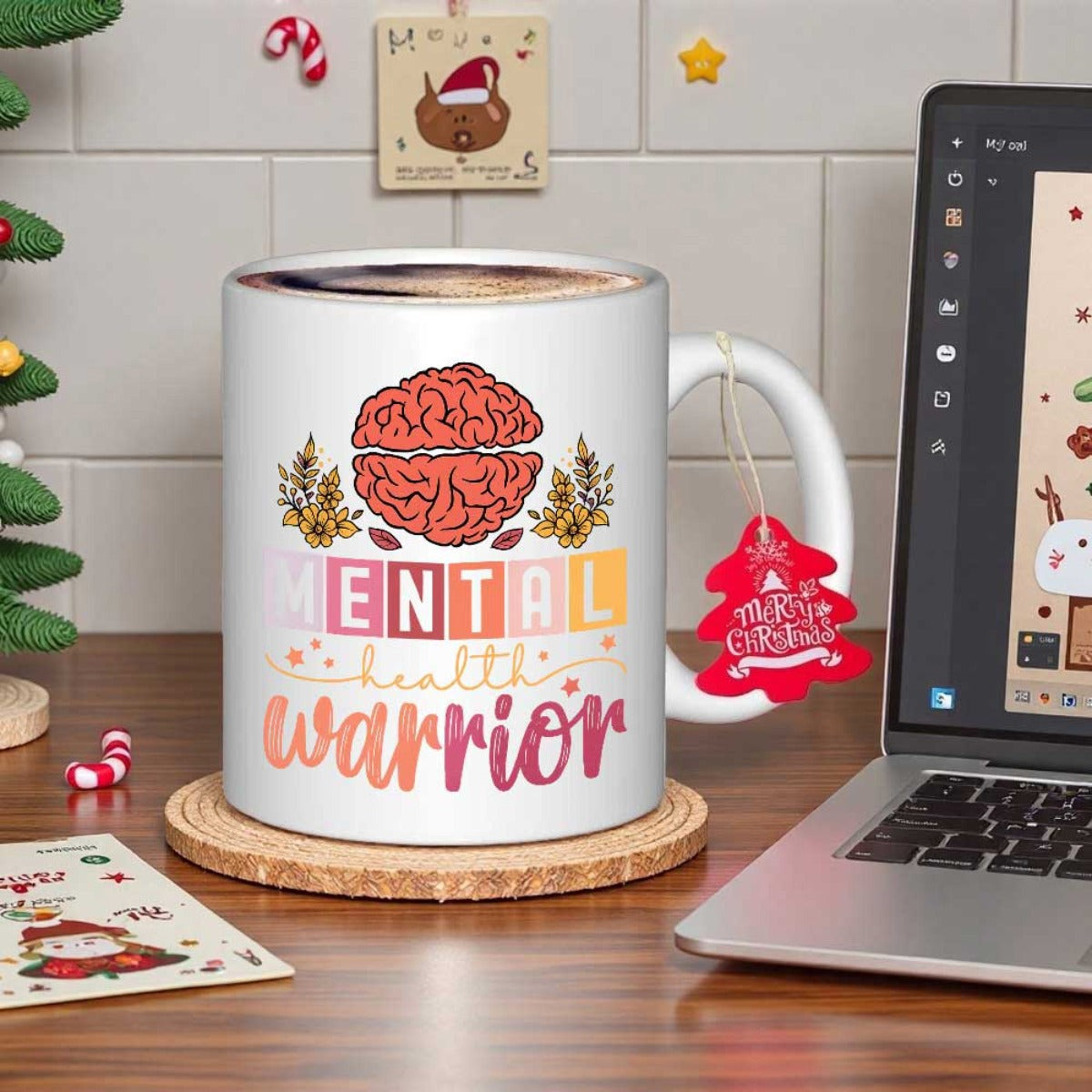 Tailorly White Ceramic 11 oz Mug - Mental Health Warrior Vibrant Floral Blossoms Decorating A Detailed Anatomical Pink Conceptual Brain
