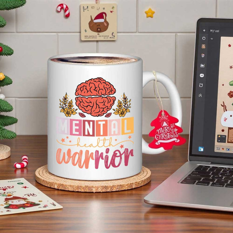 Tailorly White Ceramic 11 oz Mug - Mental Health Warrior Vibrant Floral Blossoms Decorating A Detailed Anatomical Pink Conceptual Brain
