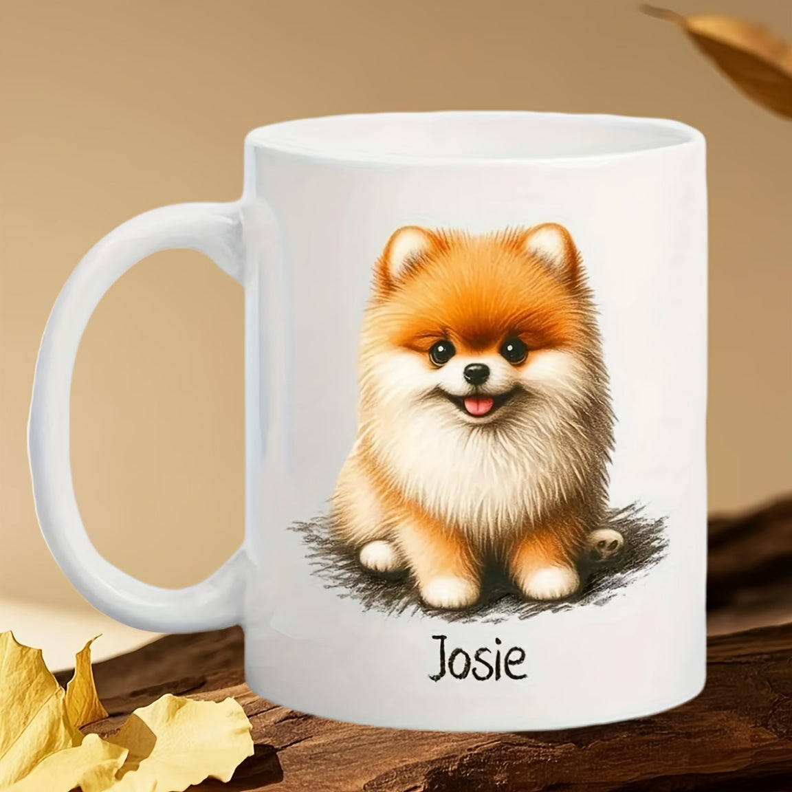 Tailorly White Ceramic 11 oz Mug - Josie Adorable Fluffy Tan Dog Sitting Quietly Among Soft Grassy Textures Pomeranian