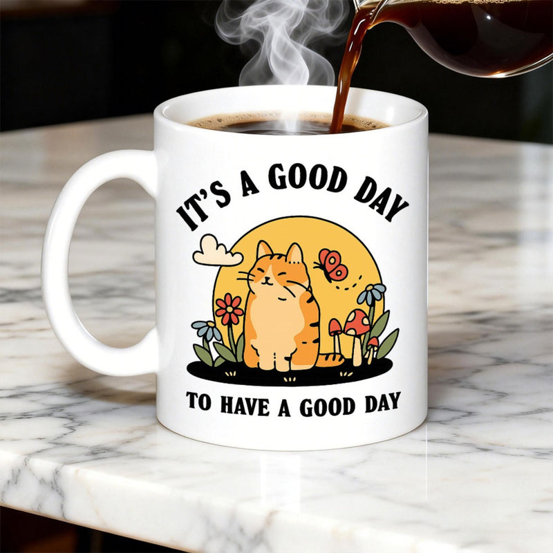 Tailorly White Ceramic 11 oz Mug - It's A Good Day To Have A Good Day Chubby Orange Cat Sitting In Flower Garden Under Golden Sun Cat